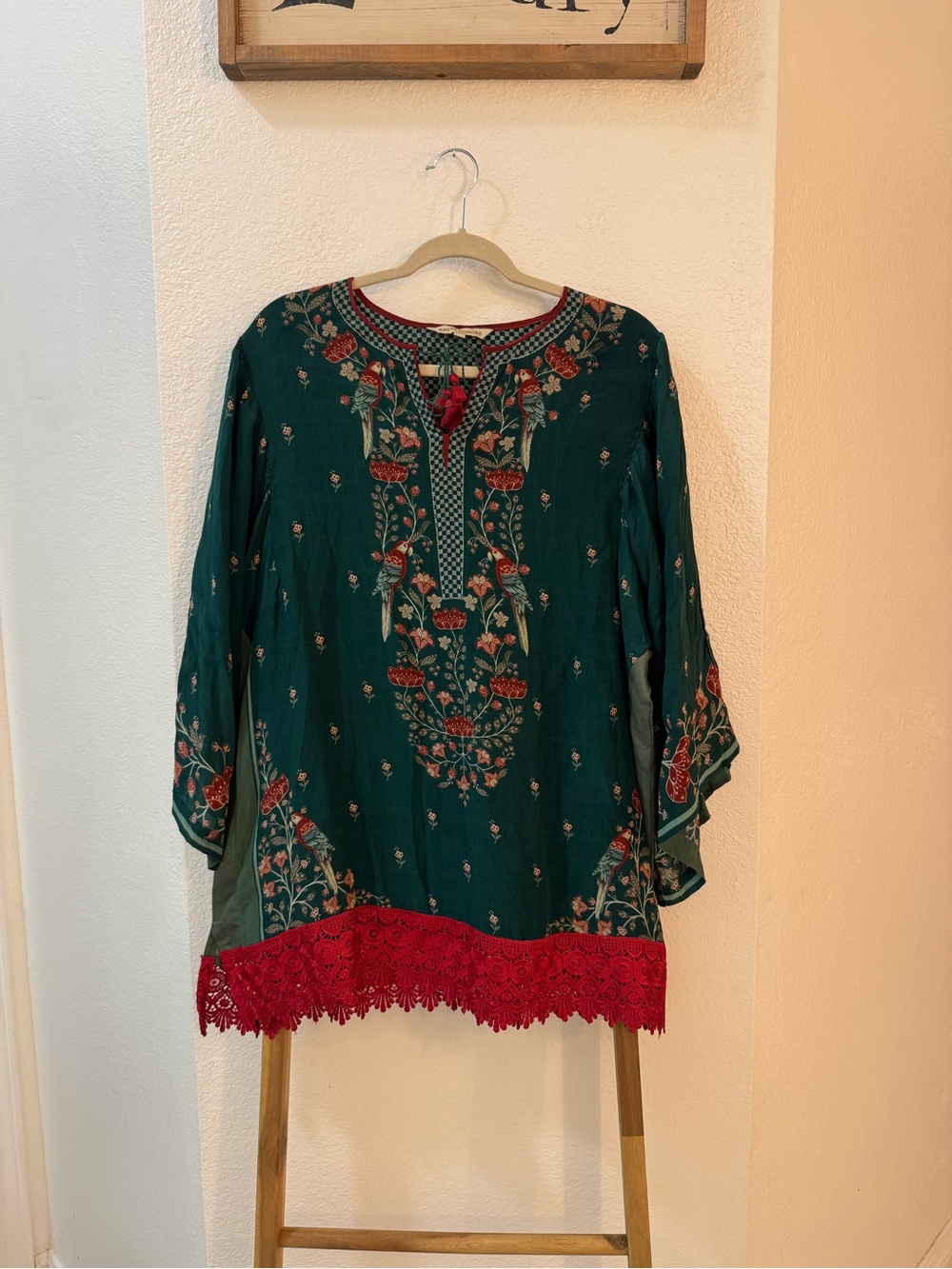 Anita Dongre Teal Green Blouse with Red Lace Trim Parrot Motifs One of a Kind
